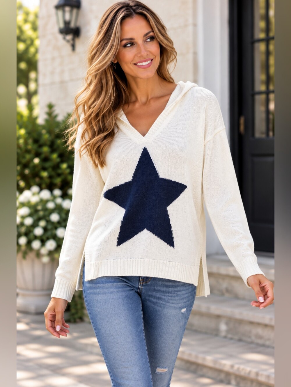 Marled Reunited Clothing Ivory Navy Blue Star Hooded Knit Sweater Size M NWOT